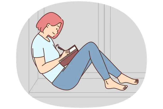 Happy woman sitting on windowsill taking notes  Illustration