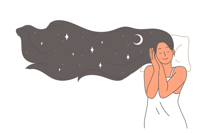 Happy woman sleeps in bed and sees positive dreams and sky with view of stars in endless universe  Illustration