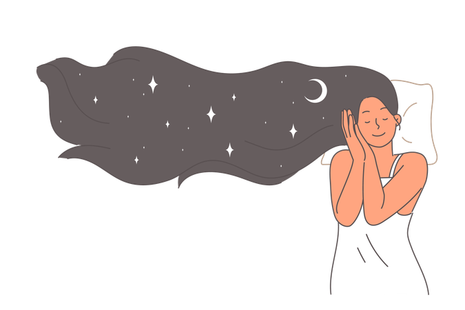 Happy woman sleeps in bed and sees positive dreams and sky with view of stars in endless universe  Illustration
