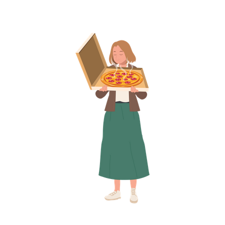 Happy woman smell tasty pizza in box  Illustration