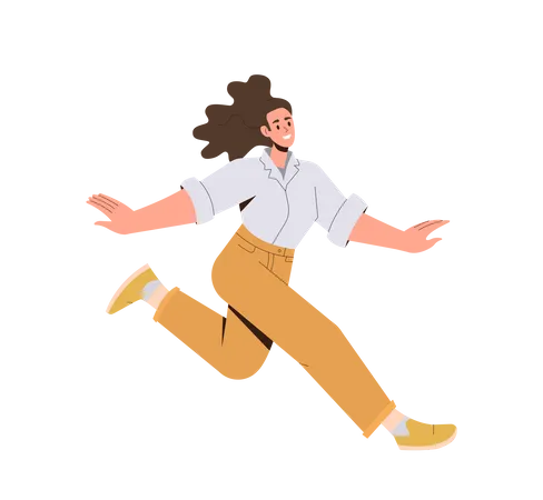 Happy Excited Woman Smiling And Jumping In Air Cheerful Young Girl Having Fun Feeling Good And Freedom Funny Active Female Character Running Expressing Positive Emotion Vector Illustration Illustration