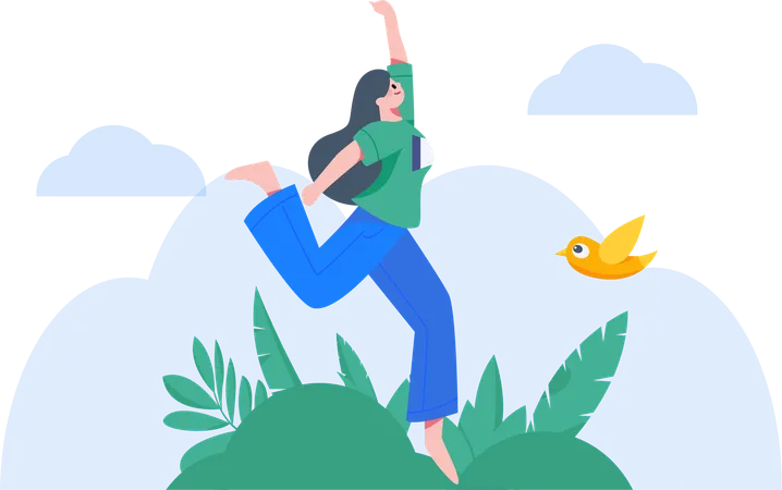 Happy woman smiling and jumping In air  Illustration