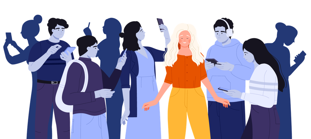Happy woman standing among crowd of many addicted people  Illustration