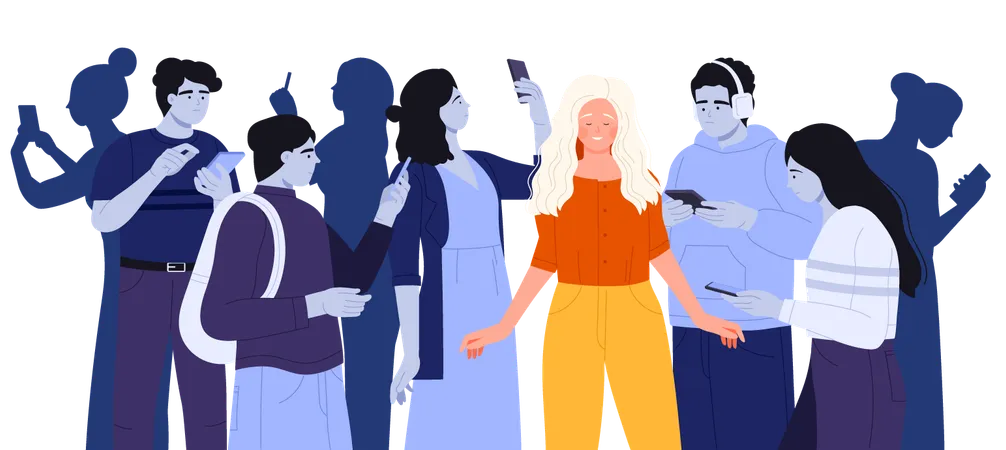 Smartphone News Addiction Vector Illustration Cartoon Happy Woman Standing Among Crowd Of Many Sad Addicted People With Anxiety And Overload Of Bad News Unhappy Characters Surfing Social Media Illustration