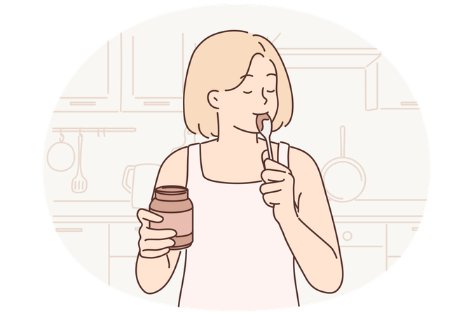 Happy woman stands in kitchen with jar of chocolate paste or peanut butter and licks spoon  Illustration