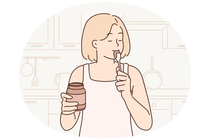Happy woman stands in kitchen with jar of chocolate paste or peanut butter and licks spoon  Illustration