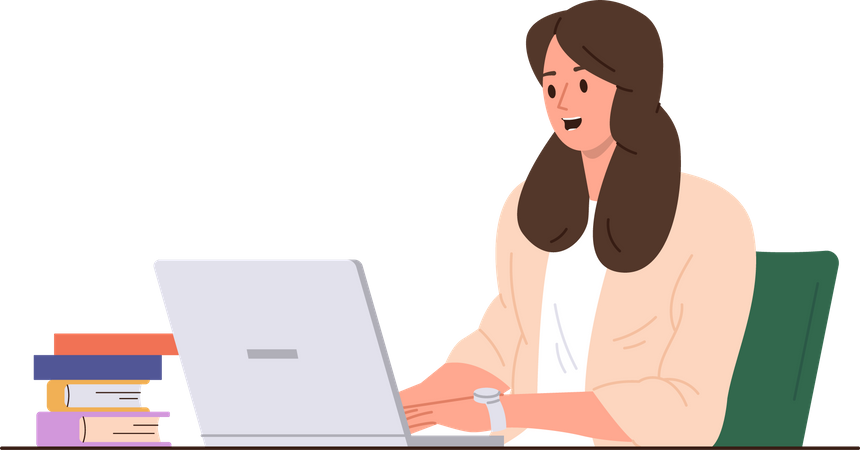 Happy woman studying online using laptop  Illustration