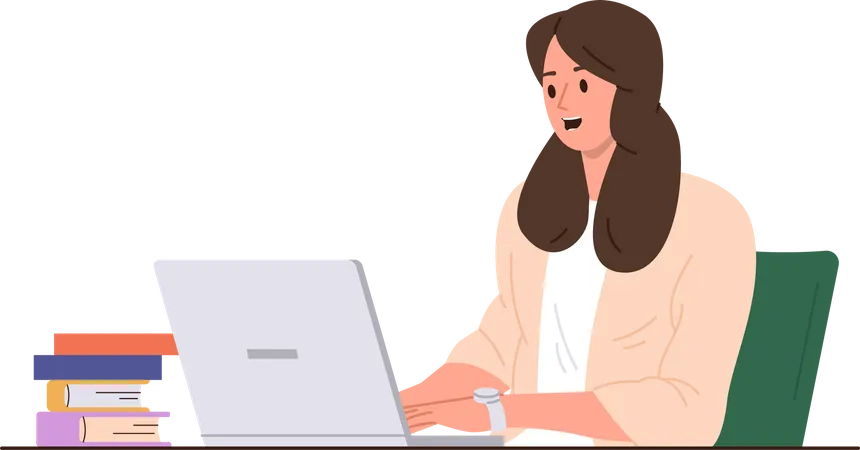 Happy woman studying online using laptop  Illustration