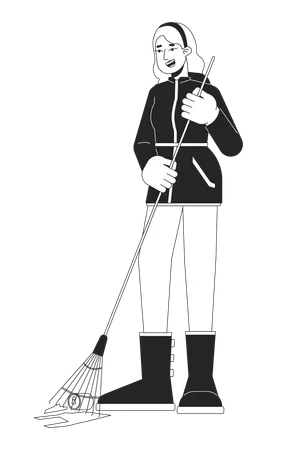 Woman Sweeping Litter Flat Line Black White Vector Character Cleaning Floor Volunteering Editable Outline Full Body Person Simple Cartoon Isolated Spot Illustration For Web Graphic Design Illustration