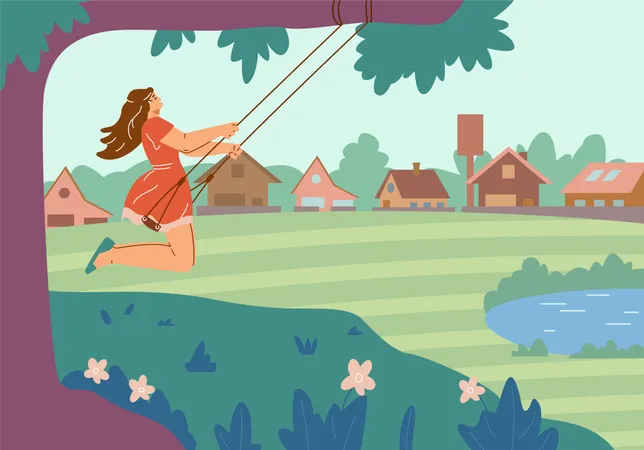 Happy woman swinging on a swing against the backdrop of a rural landscape  Illustration