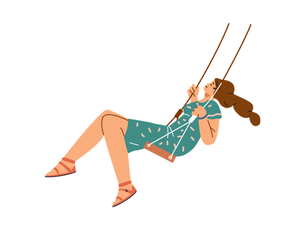 Happy woman swinging on a swing wearing a dress  Illustration