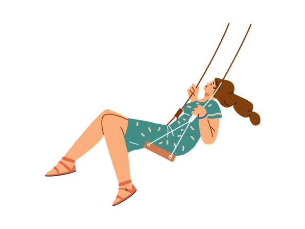 Happy woman swinging on a swing wearing a dress  Illustration