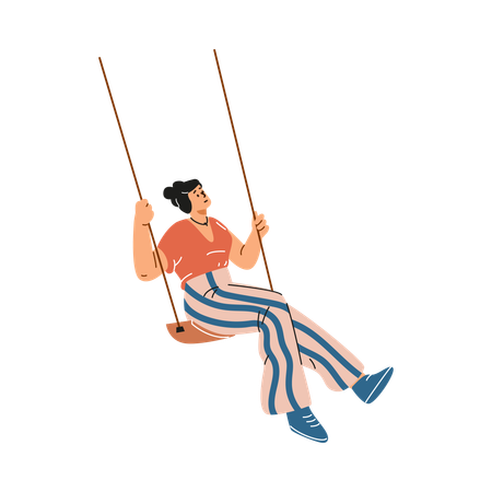 Happy woman swinging on a swing wearing a T-shirt and striped pants  Illustration