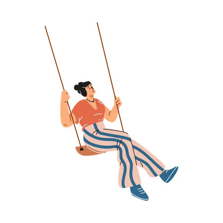 Happy woman swinging on a swing wearing a T-shirt and striped pants  Illustration