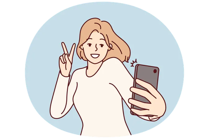 Happy woman taking selfie on phone to post photos on own page in social network  Illustration