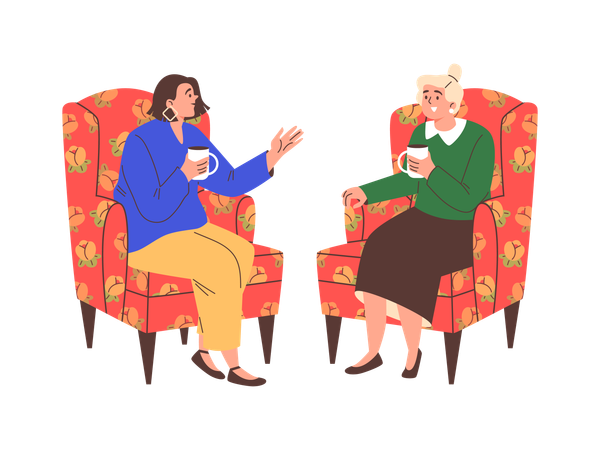 Happy woman talking sitting in armchairs with cup of tea coffee  Illustration