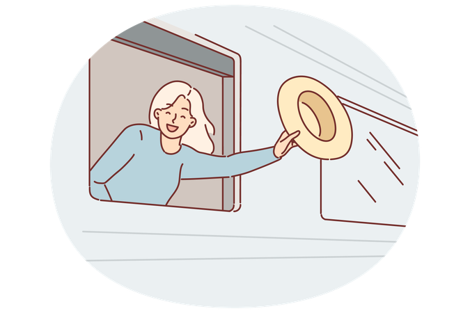Happy woman train passenger waves hat  Illustration