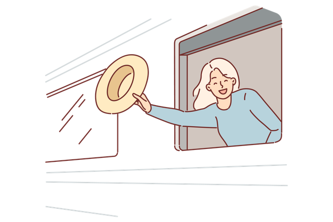 Happy woman train passenger waves hat  Illustration