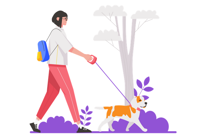 Happy woman walking her dog leash in city park  Illustration