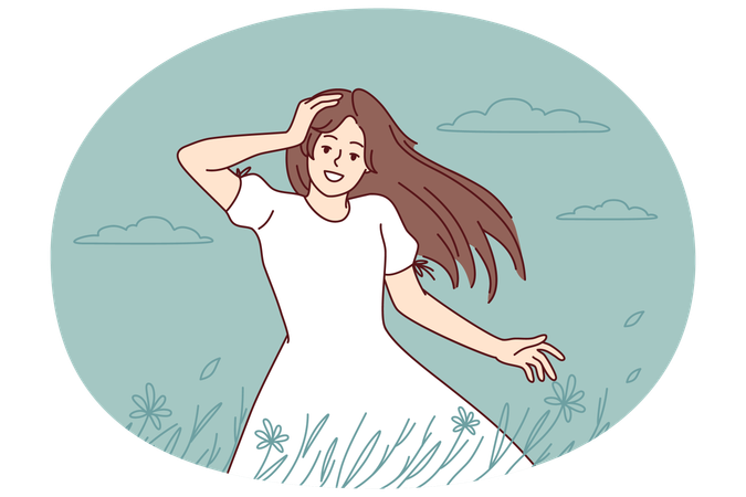 Happy woman walking in summer field  Illustration