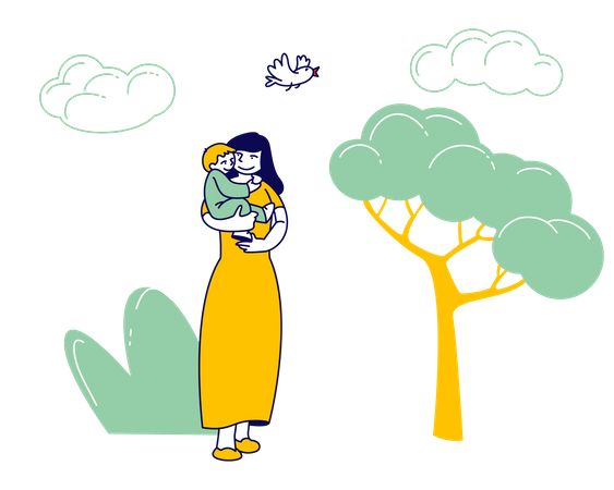 Happy Woman Walking with Child in City Park  Illustration