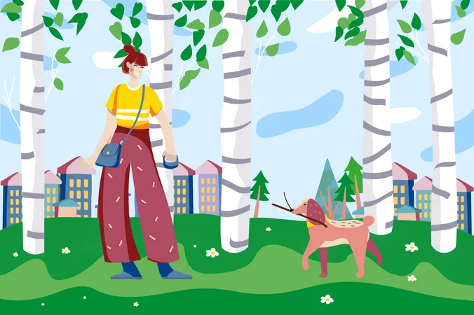 Happy Woman Walking With Dog In Landscape Background Young Girl Spends Time Playing And Training With Her Cute Pet Outdoors City Park Or Forest Scenery Vector Illustration In Flat Cartoon Design Illustration