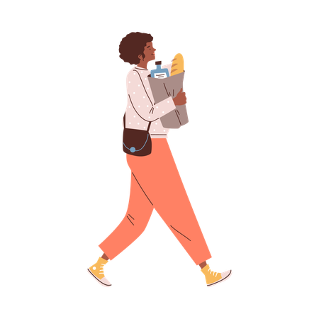 Happy woman walking with shopping bags with food  Illustration