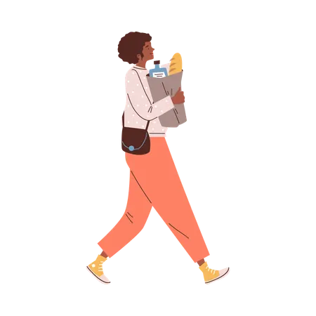Happy woman walking with shopping bags with food  Illustration