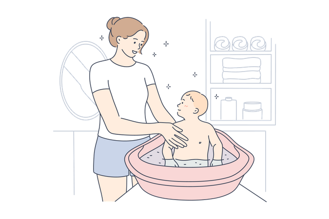 Happy woman washing infant toddler in bathroom  Illustration