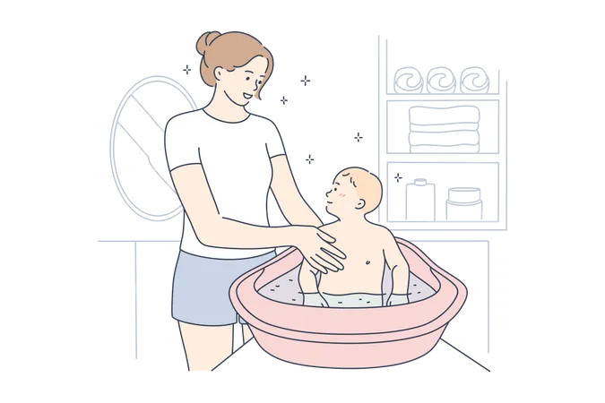 Motherhood Childhood Halth Care Love Concept Young Happy Smiling Woman Mom Cartoon Character Washing Baby Infant Toddler Child Kid Son In Bathroom Mothers Day And Domestic Life Illustration Illustration