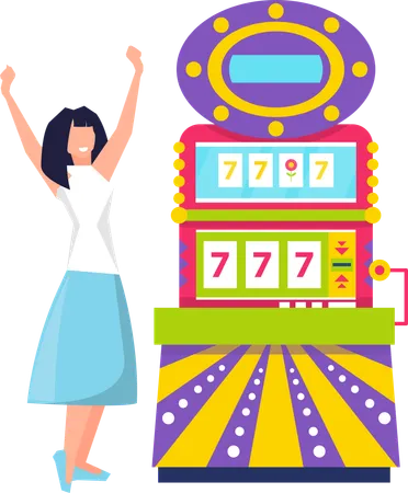 Smiling Woman Character Winning Game Machine With 777 Icons Happy Player Female With Rising Hands Near Gambling Equipment With Joystick Casino Vector Illustration