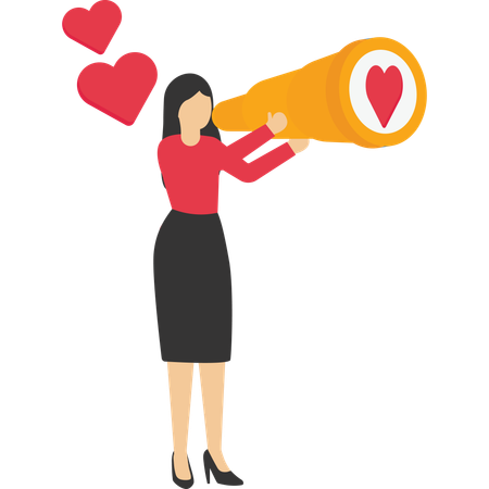 Happy woman with big binoculars looking for love  イラスト