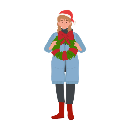 Happy Woman with Christmas Wreath  Illustration