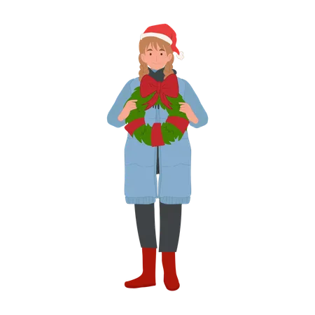 Happy Woman In Winter Costume With Christmas Wreath Illustration