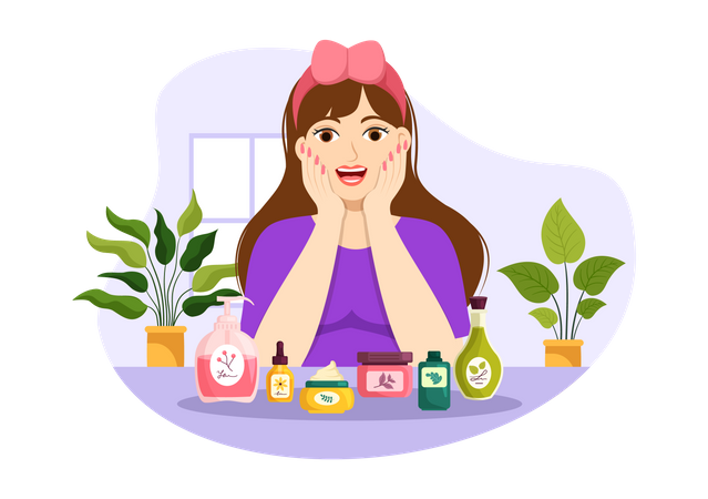 Happy woman with cosmetic product  Illustration