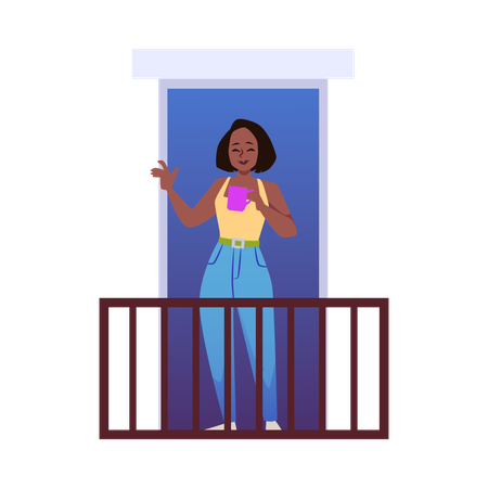 Happy woman with cup of coffee or tea standing on balcony and waving  Illustration
