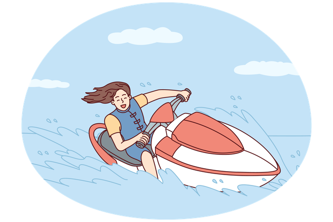 Happy woman with flowing hair rides jet ski  Illustration