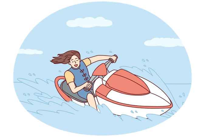 Happy woman with flowing hair rides jet ski  Illustration