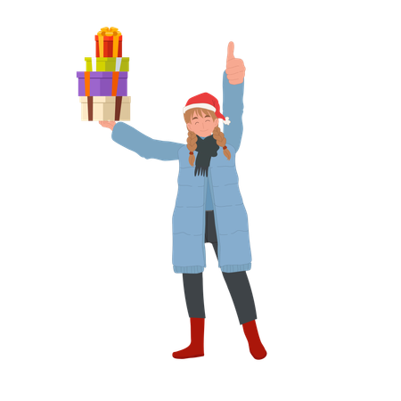 Happy Woman with Gift Boxes doing thumb up  Illustration
