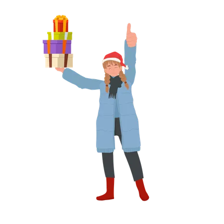 Christmas Joy Concept Happy Woman In Winter Attire With Gift Boxes Is Doing Thumb Up Illustration