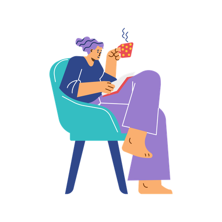 Happy woman with hot cup of tea sits in chair while reading book  Illustration