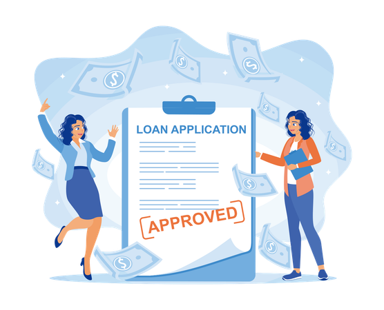 Happy woman with  loan approval application that bank officer has approved  Illustration