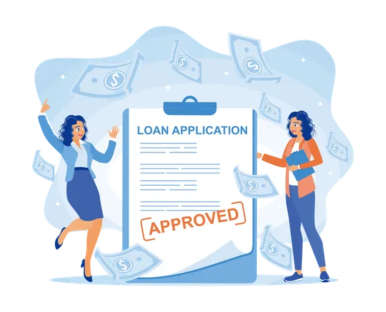 Happy woman with  loan approval application that bank officer has approved  Illustration