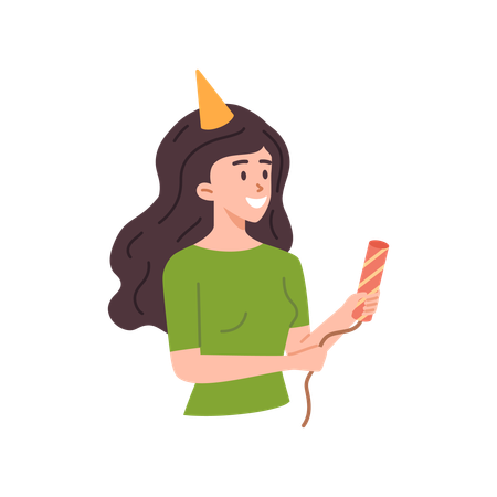 Happy woman with party horn and hat  Illustration