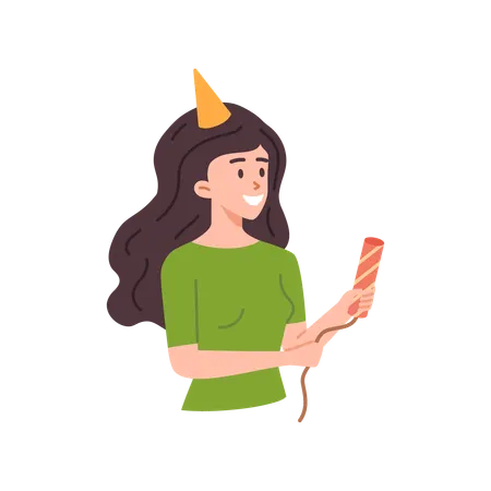Happy woman with party horn and hat  Illustration
