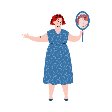 Happy woman with positive self acceptance admiring on her reflection in mirror  Illustration