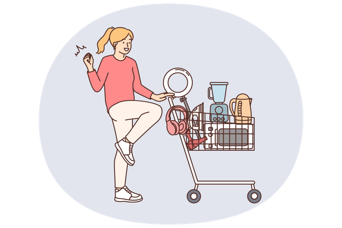 Happy woman with shopping cart and supermarket filled with electronics won in competition  Illustration