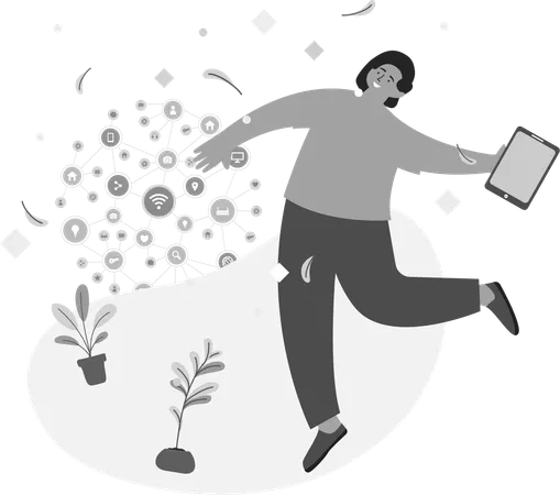Happy Woman with Social Networking  Illustration