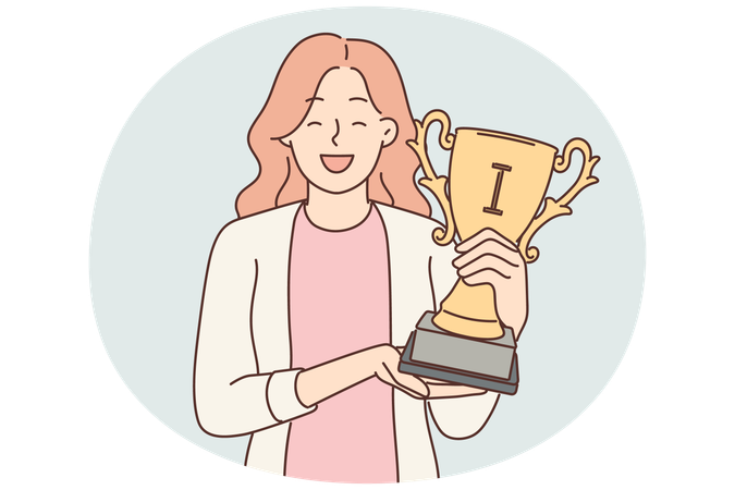 Happy woman with trophy cup in hands smiles and looks at screen showing off achievements  Illustration