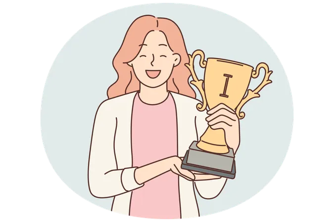 Happy woman with trophy cup in hands smiles and looks at screen showing off achievements  Illustration